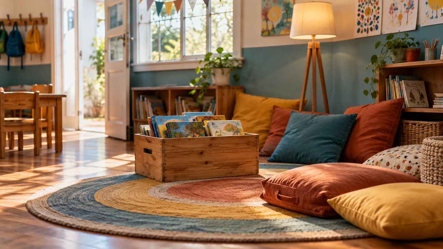 Rincón de lectura de sala con alfombra redonda, cajón de libros, almohadones y lámpara de pie