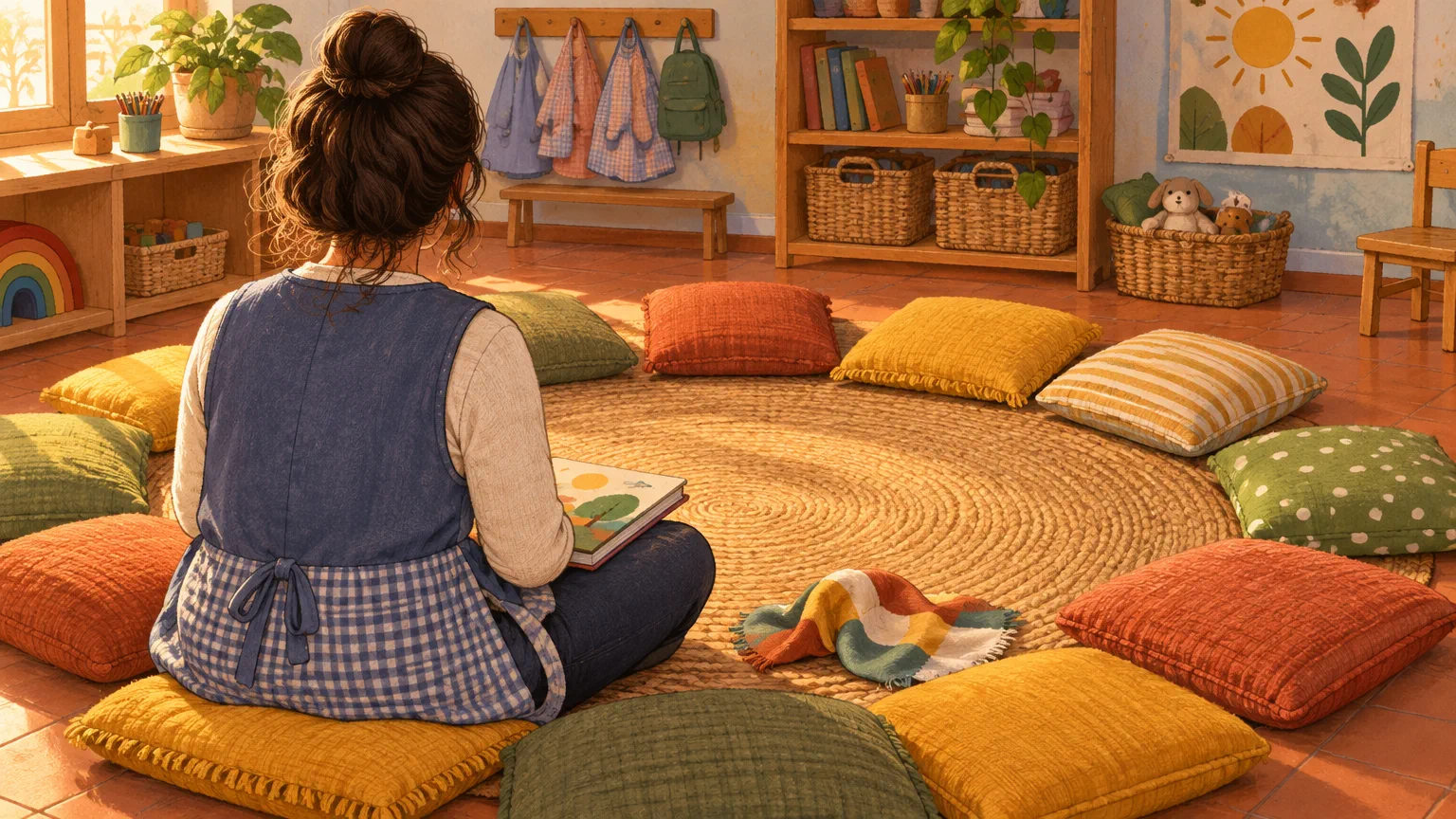 Docente de espaldas en ronda de almohadones con libro en el regazo para contar historias