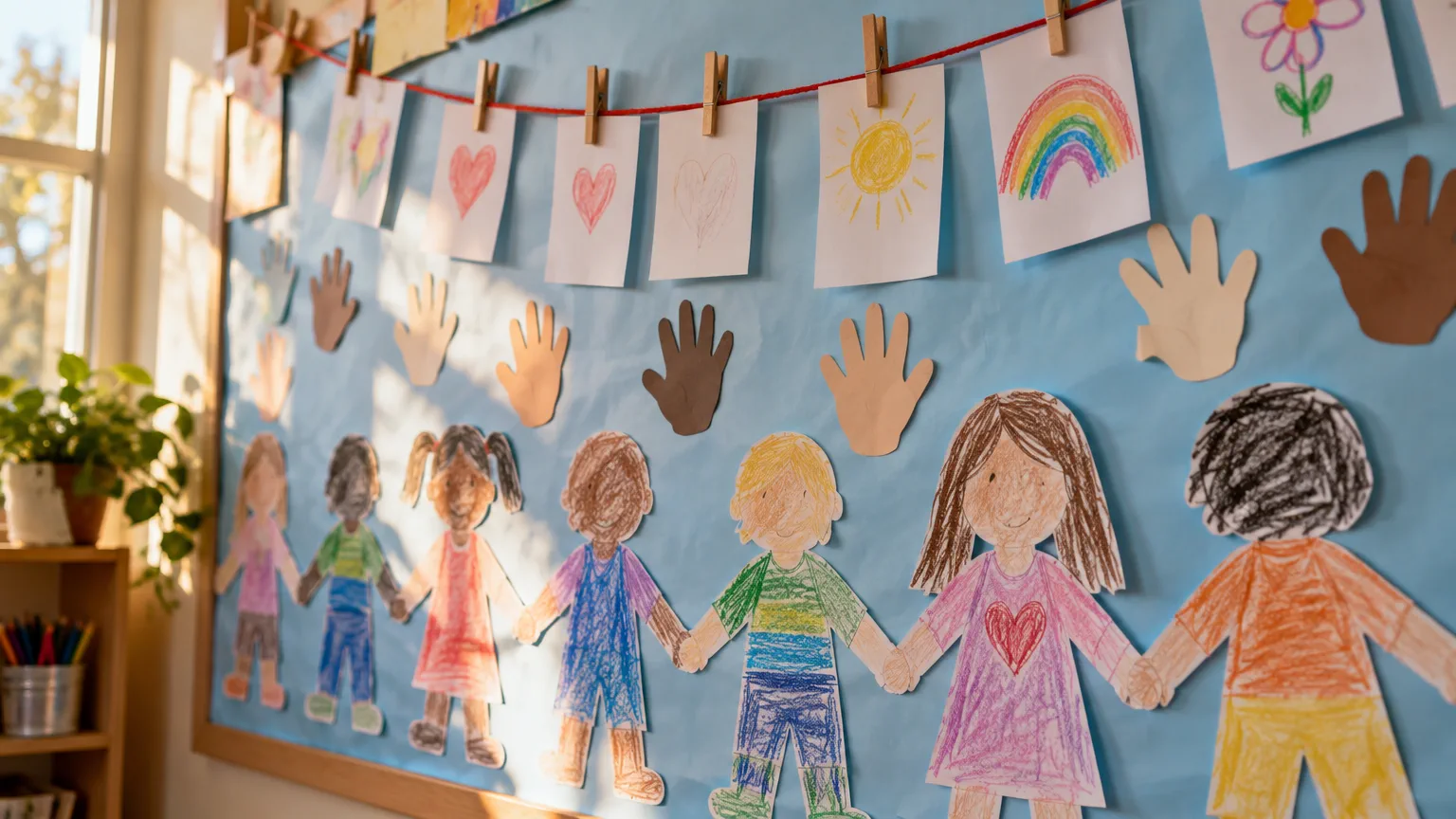 Cartelera de papel afiche celeste en una sala de jardín con siluetas de chicos coloreadas, manitos de cartulina en tonos de piel variados y tarjetitas colgadas con broches de una lana roja