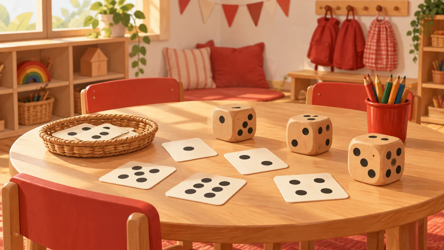 Mesa baja de sala con dados de madera grandes y tarjetas con puntos negros sobre cartulina crema