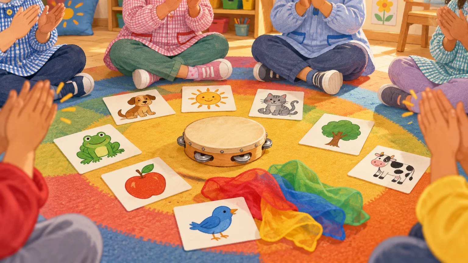 Ronda en alfombra con tarjetas ilustradas, pandero y pañuelos de colores; peques palmando