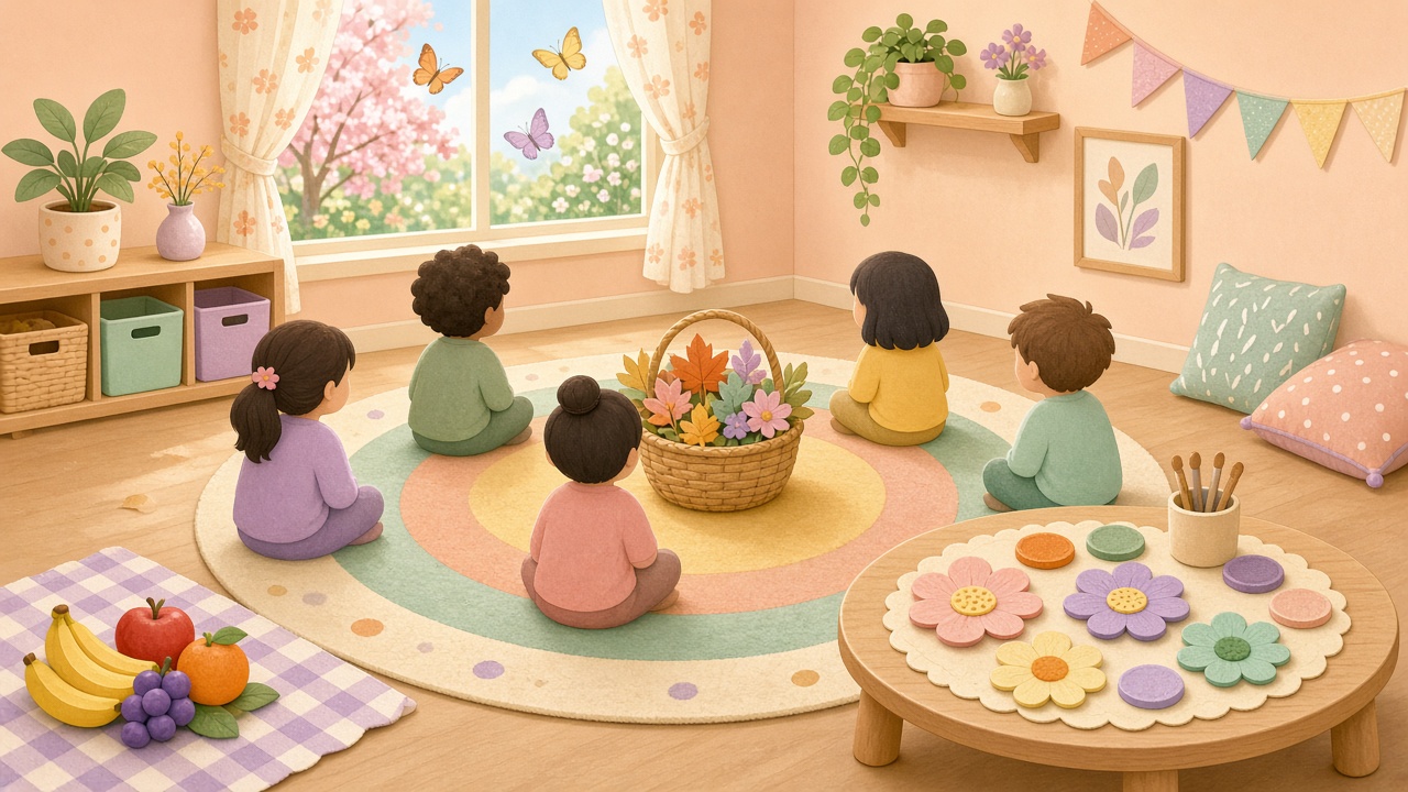 Ilustración cálida de sala de nivel inicial en primavera: niños en ronda, canasta de hojas y flores, mesa de plástica y picnic de frutas