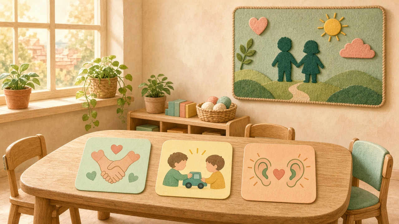 Ilustración cálida de sala de jardín con pictogramas de acuerdos: manos, juego compartido y escucha atenta sobre una mesa de madera