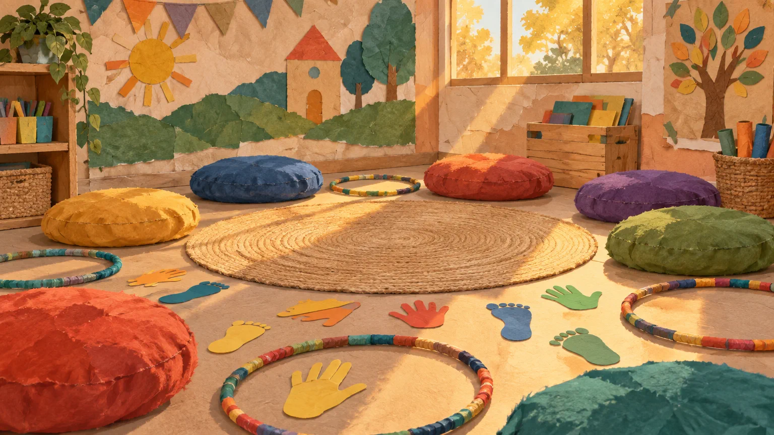 Ilustración collage de sala con ronda de almohadones, aros de tela y siluetas de cartón de manos y pies bajo luz cálida de tarde