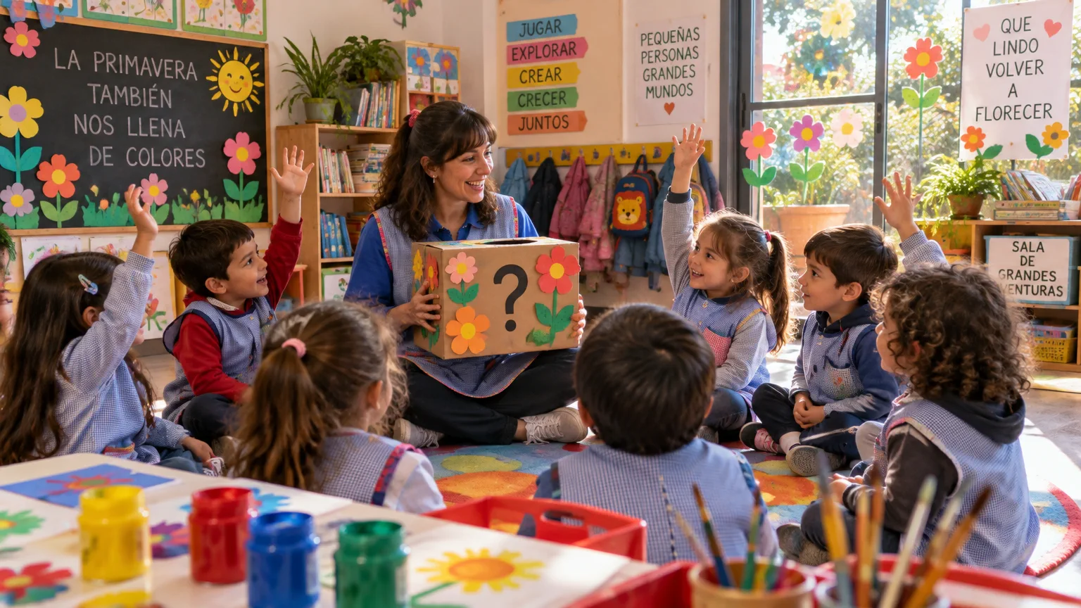 Ronda en alfombra de sala: docente con caja de cartón decorada con flores de papel y niños levantando la mano; témperas y sol en la ventana