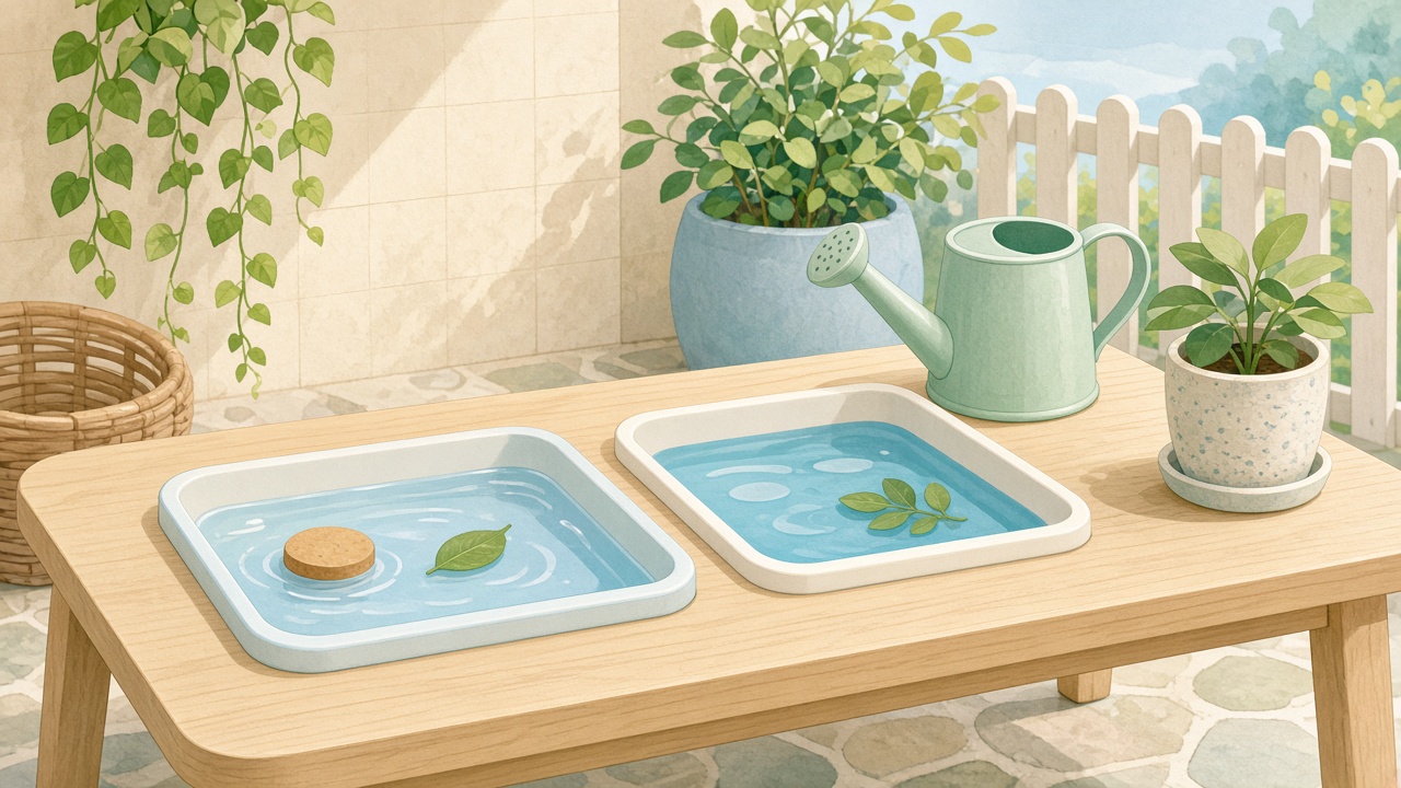 Patio con mesa y bandejas de agua, regadera y planta para propuestas sensoriales de Nivel Inicial