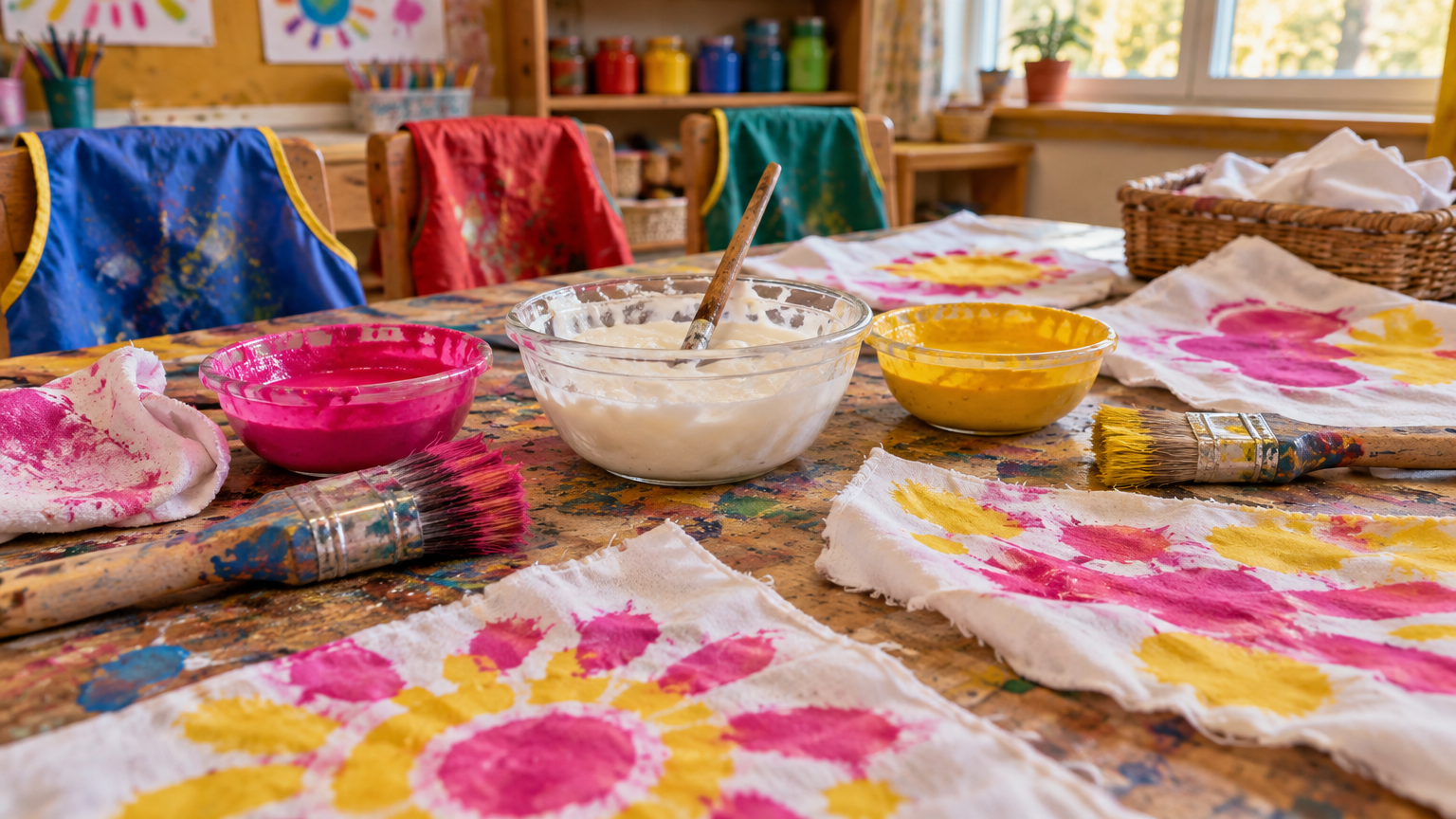 Mesa de arte con retazos de tela blanca, bowls de engrudo y témpera rosa-amarilla, pinceles gruesos y delantales manchados