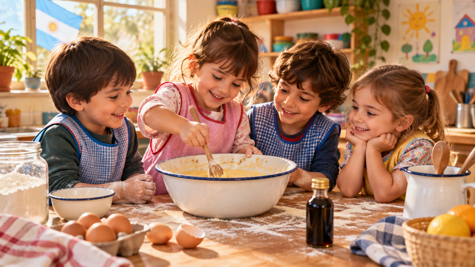 Peques en delantales coloridos revolviendo un bowl en cocina de jardín, harina en la mesada, huevos y vainilla, luz cálida de tarde
