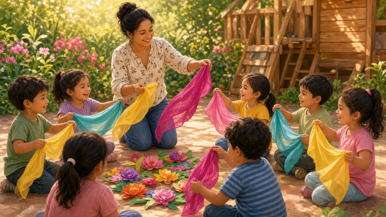 Ronda de niños y docente en el patio con pañuelos de colores vivos y flores de papel en el centro del círculo, sol de mañana