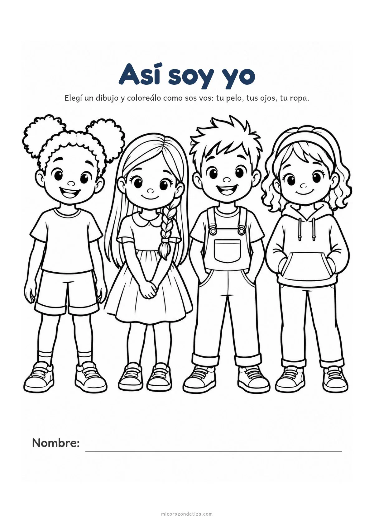 Hoja para colorear Así soy yo con cuatro dibujos de chicos de trazo grueso con cara simple y una línea para escribir el nombre