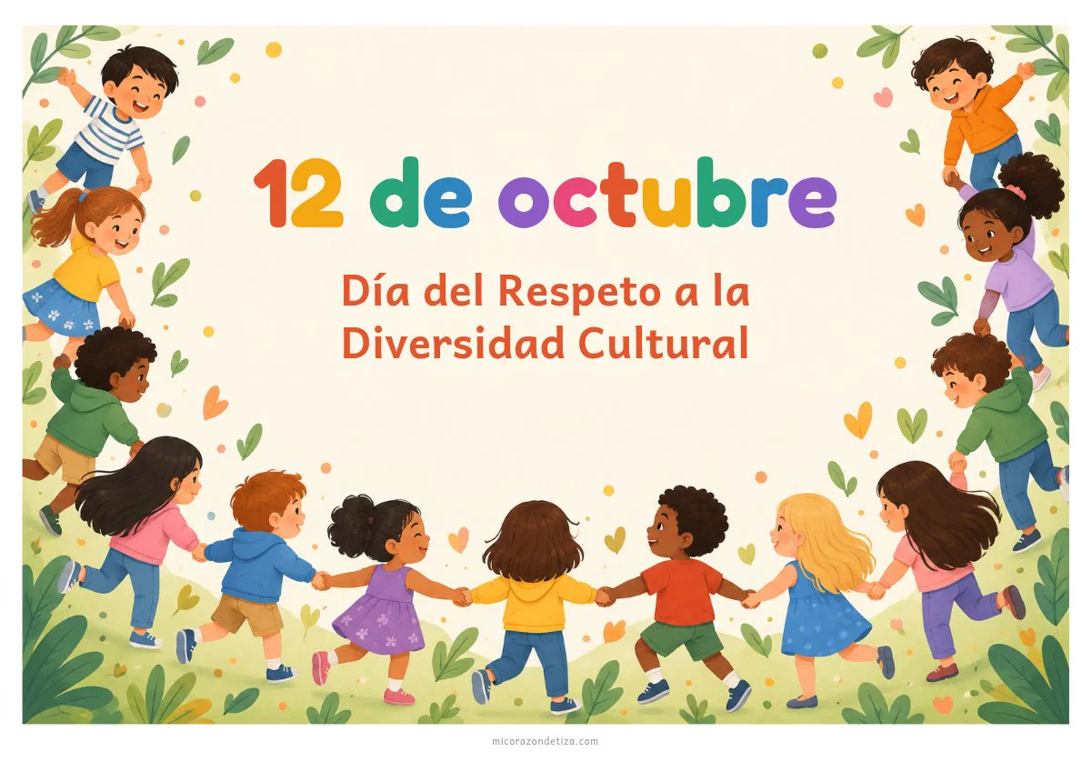 Cartelera del 12 de octubre para Nivel Inicial con una ronda de chicos de la mano y el título Día del Respeto a la Diversidad Cultural