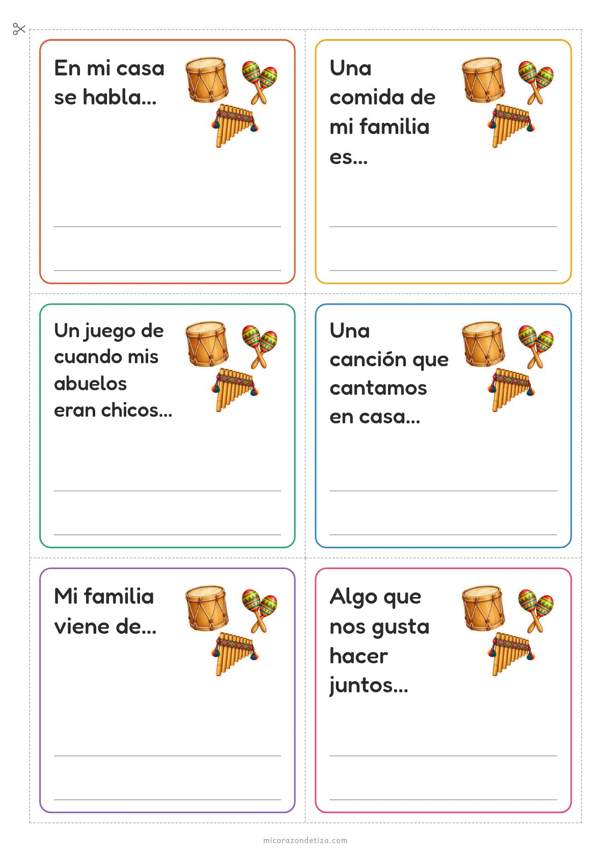 Hoja con seis tarjetitas para recortar y que las familias completen, con líneas punteadas de corte y dibujos de bombo, maracas y sikus