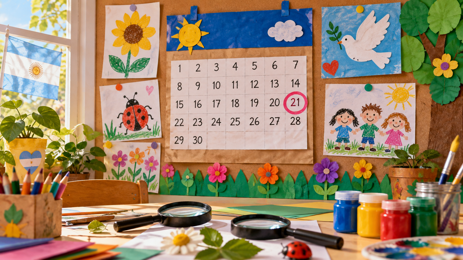 Collage de cartelera de sala con calendario marcado el 21, dibujos de flores e insectos, lupas y témperas sobre la mesa bajo luz de ventana