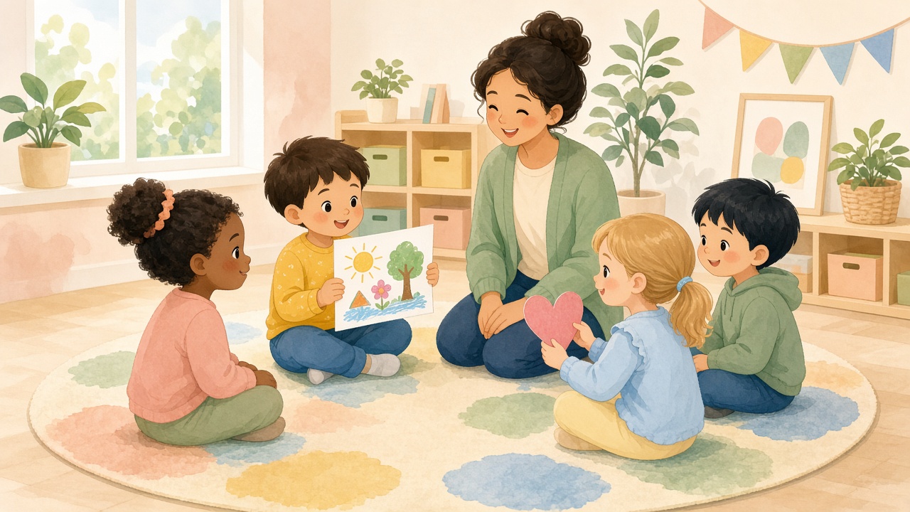 Ilustración cálida de niños y docente en ronda compartiendo dibujos y un corazón de papel en la sala