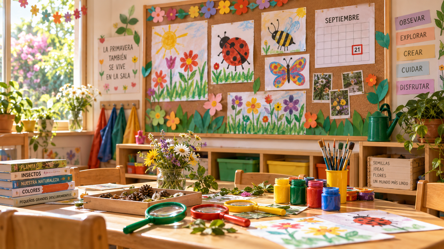 Cartelera de sala de jardín con dibujos de flores e insectos, calendario marcado el 21, mesa con lupas y témperas bajo luz de ventana