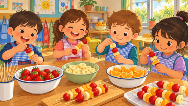 Lee más sobre el artículo Macedonia y brochetas de frutas con niños: receta fácil de primavera para sala o casa