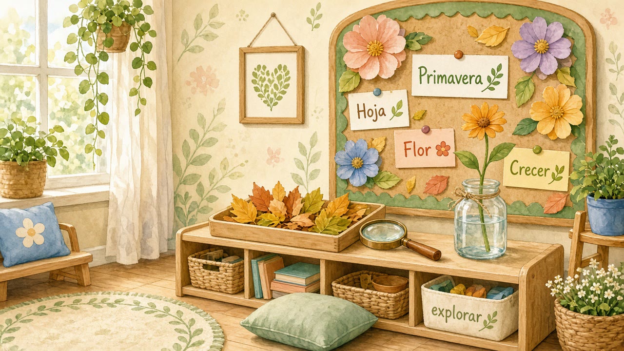 Ilustración de un rincón de sala de Nivel Inicial con cartelera de primavera, hojas, lupa y flores de papel