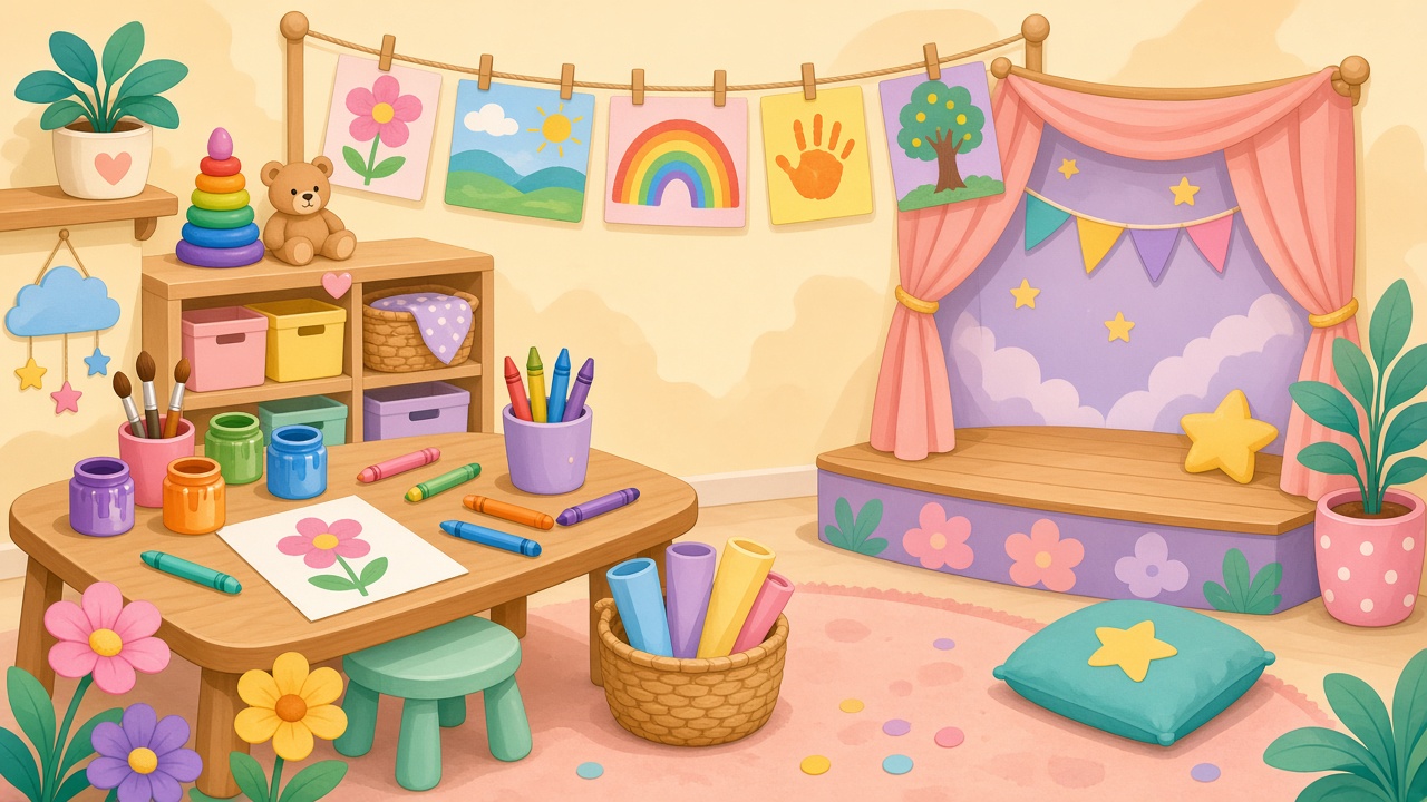 Sala de Nivel Inicial preparada para Semana de las Artes: mesa con pinturas y crayones, dibujos en tendedero y escenario con telón