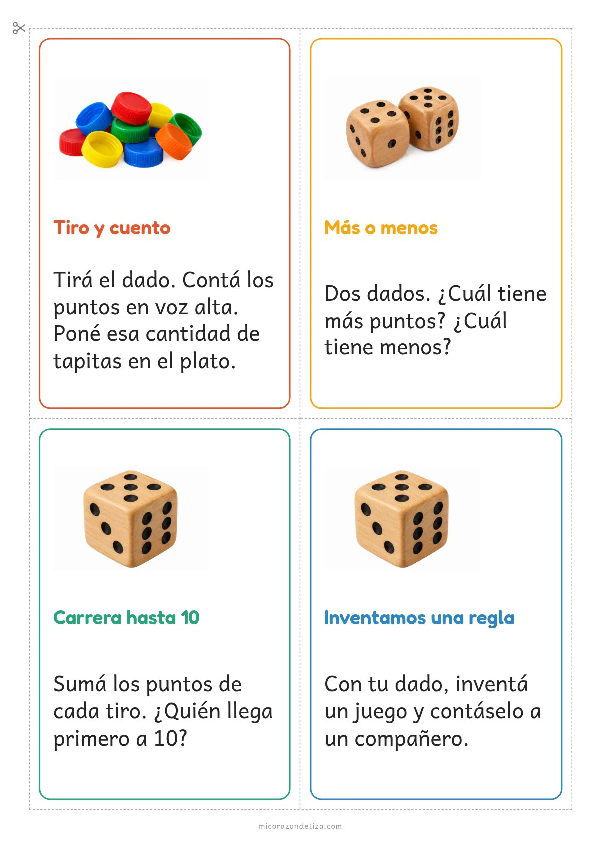 Hoja 2 del PDF con cuatro tarjetas de juego con dados: Tiro y cuento, Más o menos, Carrera hasta 10 e Inventamos una regla
