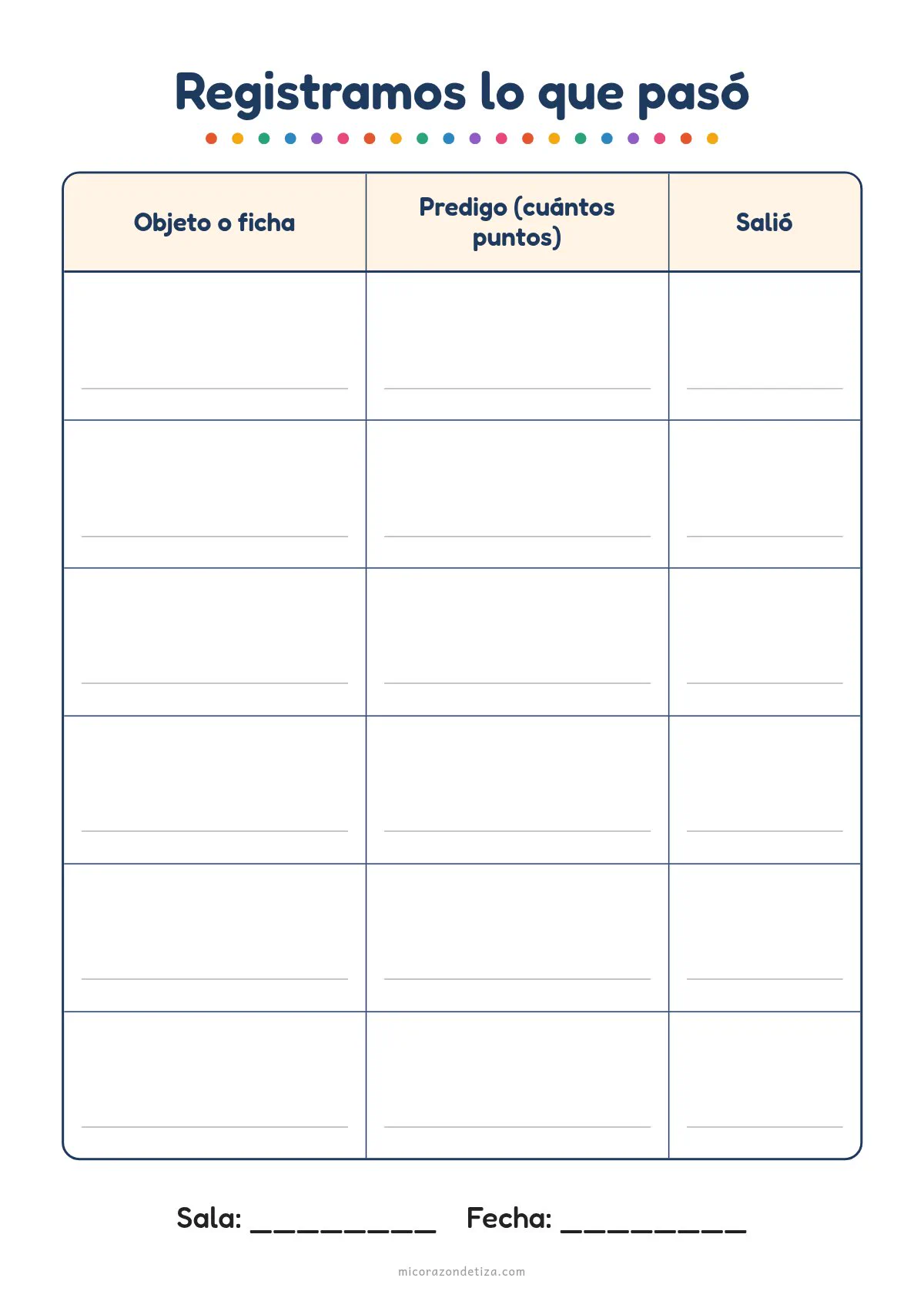 Hoja 3 del PDF con la planilla Registramos lo que pasó, de tres columnas y seis filas en blanco