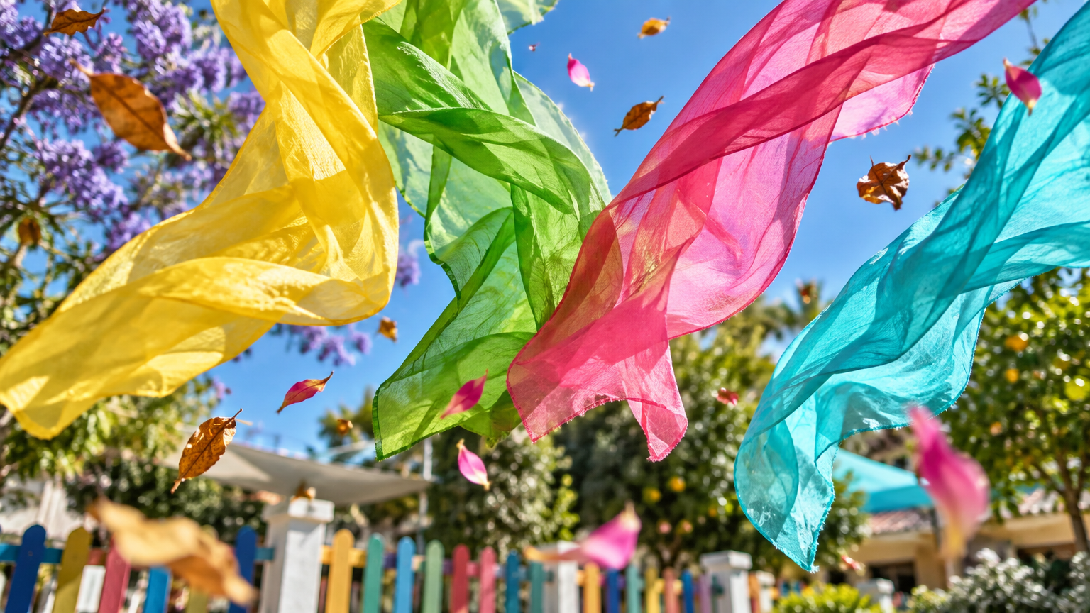 Close-up de pañuelos de colores ondeando al viento de primavera contra cielo azul, hojas y pétalos en el aire, patio de jardín al fondo