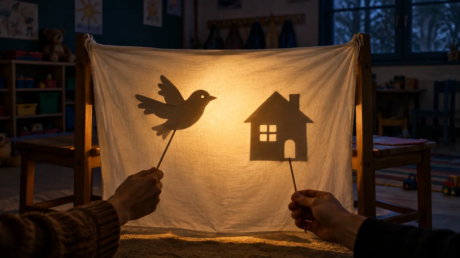 Sábana blanca entre dos sillas iluminada desde atrás, con sombras de un pájaro y una casa de cartón sostenidas con varillas