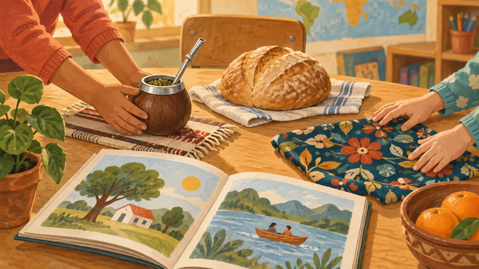 Ilustración de manos de chicos acomodando sobre una mesa de sala un mate, un pan, una tela estampada y un libro de cuentos