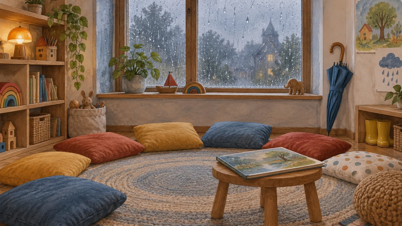 Ilustración de una sala con ventana con gotas de lluvia, almohadones en semicírculo, un libro abierto sobre un banquito y un paraguas azul apoyado
