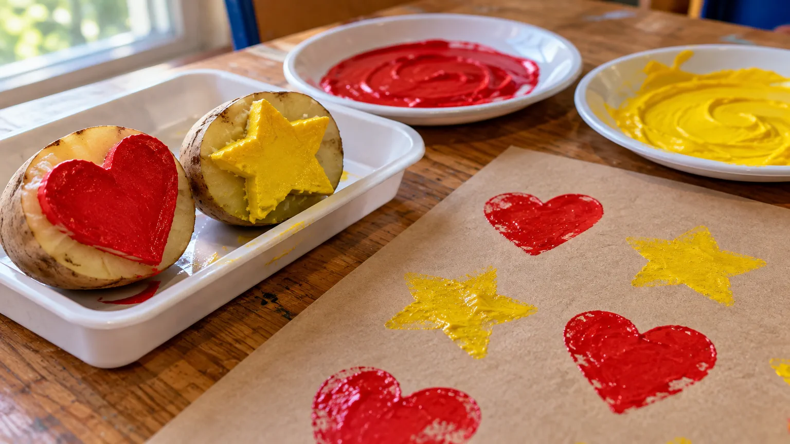 Bandeja con medias papas en forma de corazón y estrella, témpera roja y amarilla y estampas en kraft