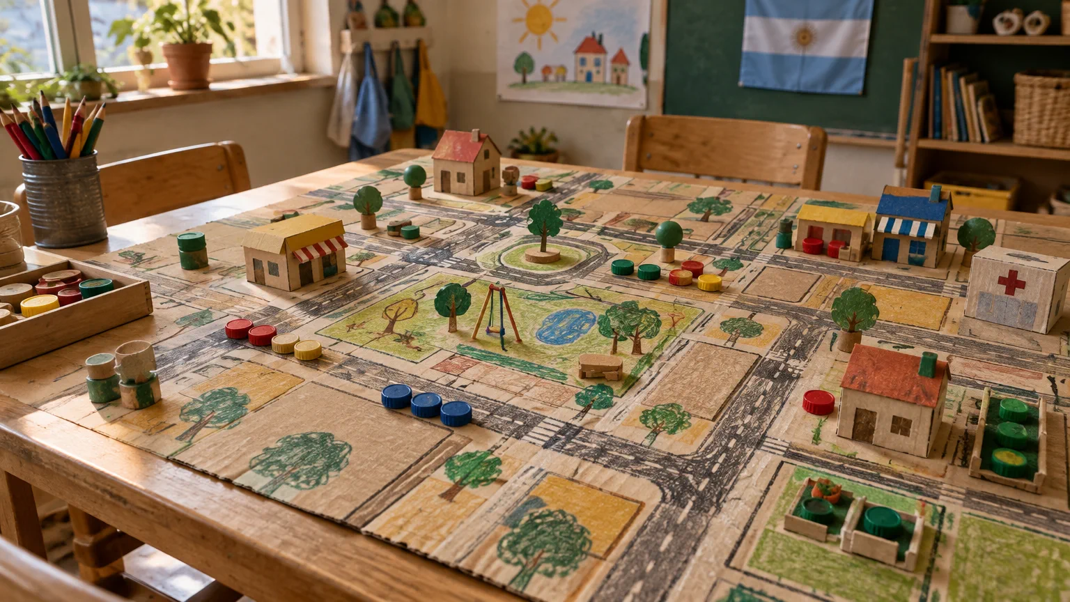 Mesa de madera con mapa de cartulina de calles, tapitas y fichas de colores como comercios