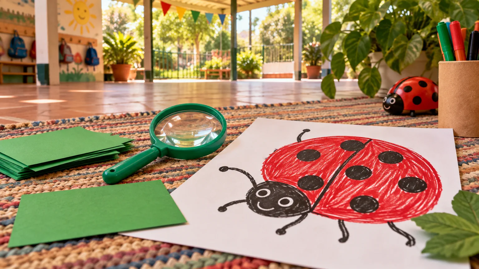 Alfombra de patio con dibujo de mariquita, lupa de juguete y tarjetitas verdes de cartulina