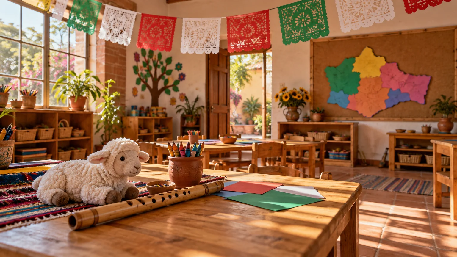 Salón de preescolar mexicano con papel picado verde, blanco y rojo, un borreguito de peluche, una flauta de carrizo y un mapa de Oaxaca de cartulina para el proyecto de Benito Juárez