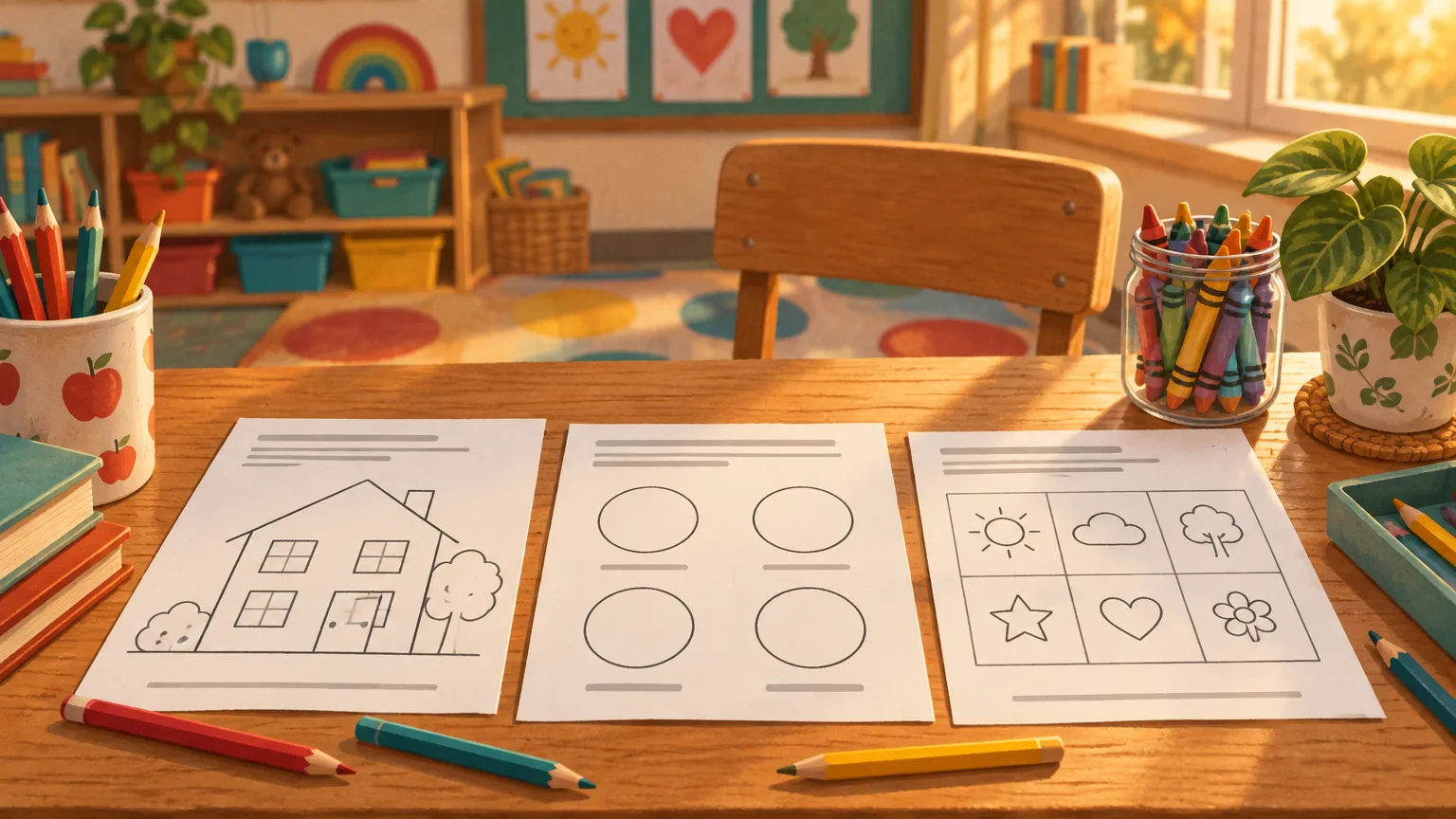 Escritorio de sala con tres fichas impresas, lápices de colores y crayones