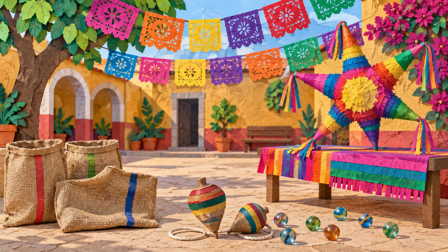 Collage de papel de un patio de preescolar mexicano con papel picado, piñata de estrella, costales para carreras, trompos y canicas para el Día del Niño