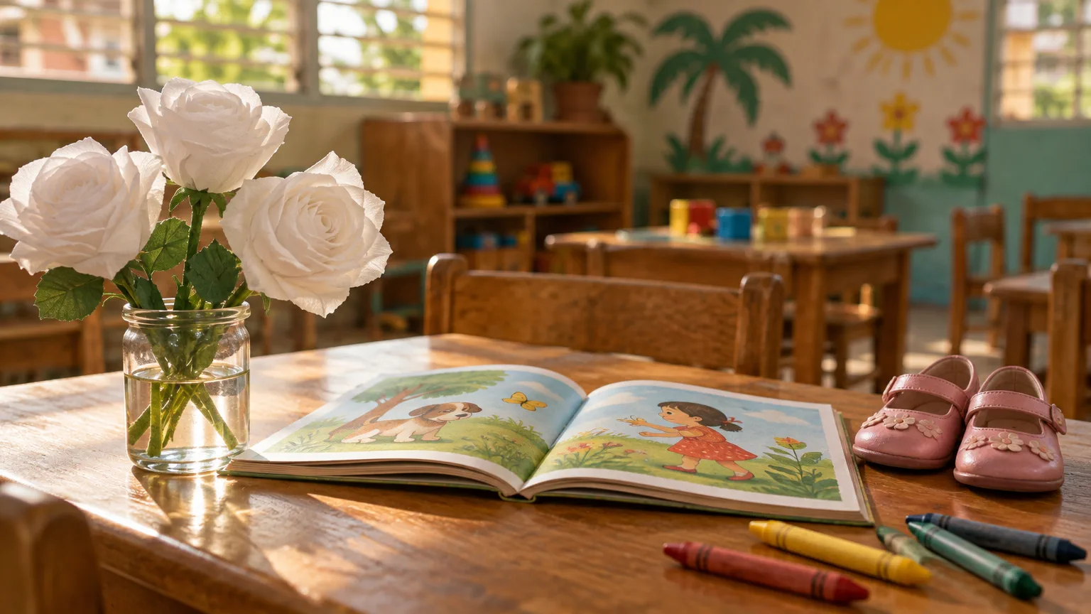 Rosas blancas de papel crepé en un vaso, un libro de cuentos abierto, zapatitos rosados de juguete y crayones en un salón de círculo infantil cubano para el proyecto de José Martí