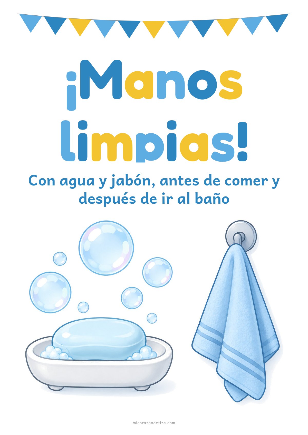 Afiche ¡Manos limpias! con jabonera, burbujas y toalla para el baño del jardín