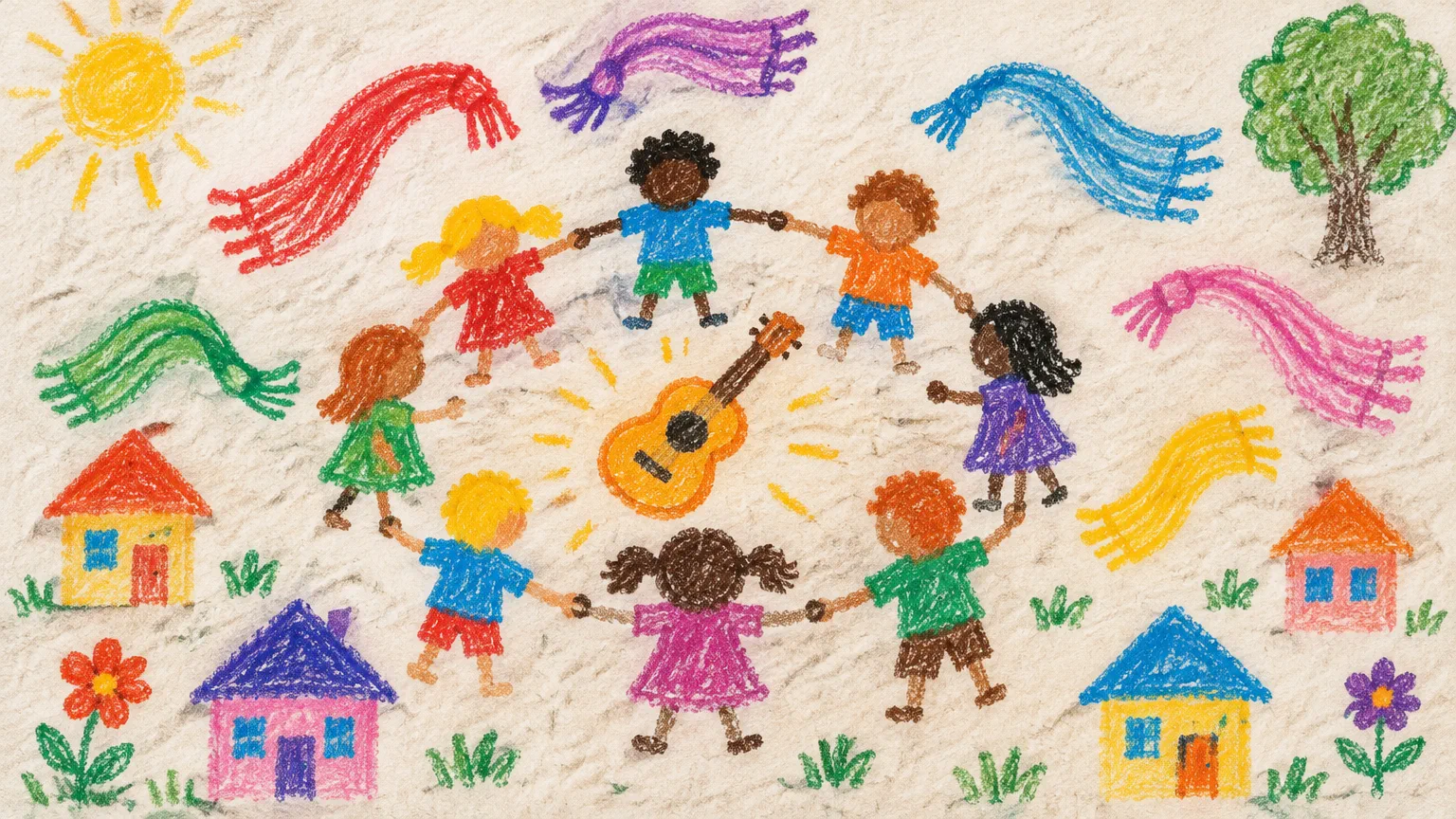 Dibujo infantil con crayones de una ronda de chicos tomados de la mano alrededor de una guitarrita, con pañuelos de colores y casitas