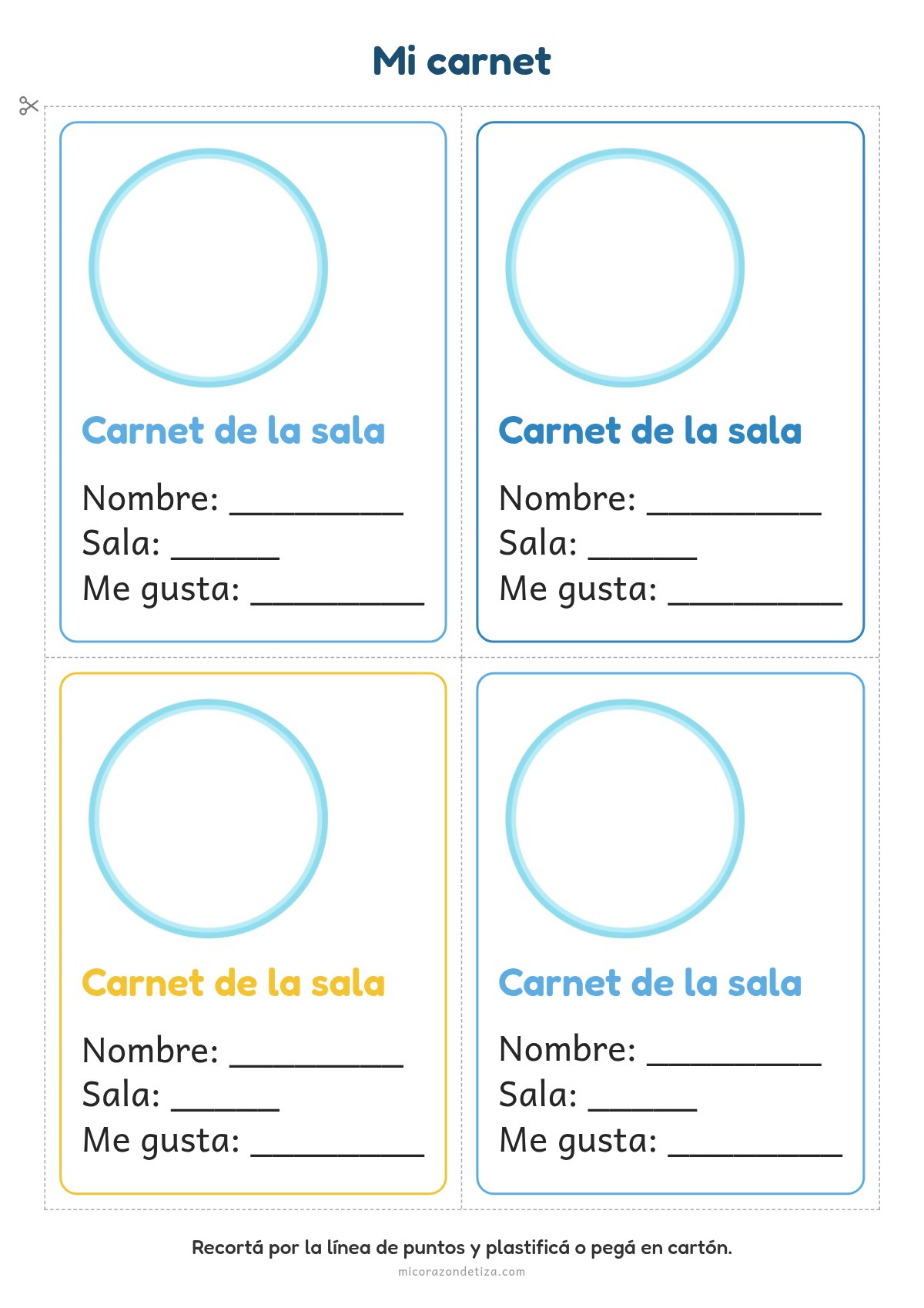 Plantilla de carnet de identidad para imprimir en nivel inicial: 4 carnets de la sala con círculo grande para dibujarse y líneas para nombre, sala y me gusta