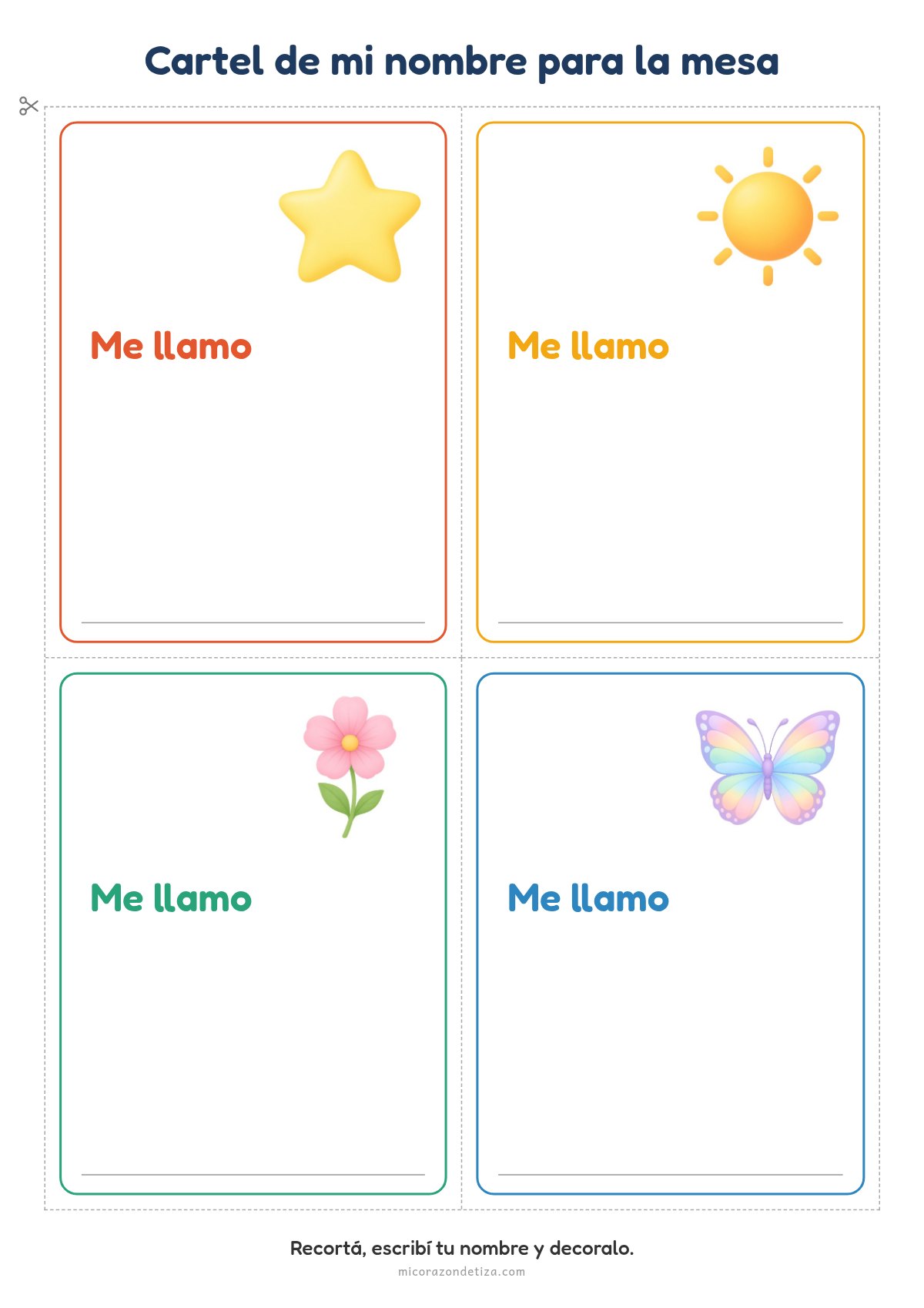 Cuatro carteles Me llamo para recortar con estrella, sol, flor y mariposa, para escribir el nombre y decorarlo