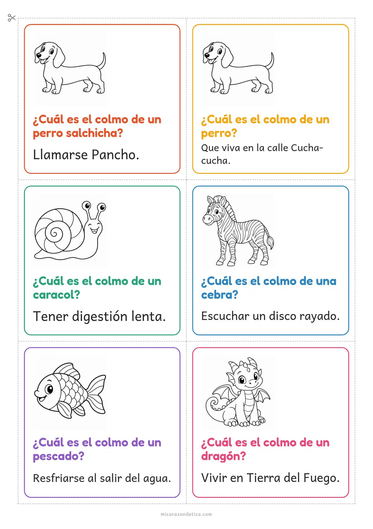 Hoja 1 del PDF de colmos para imprimir: seis tarjetas con dibujos de trazo negro grueso para colorear (perro salchicha, perro, caracol, cebra, pez y dragón)