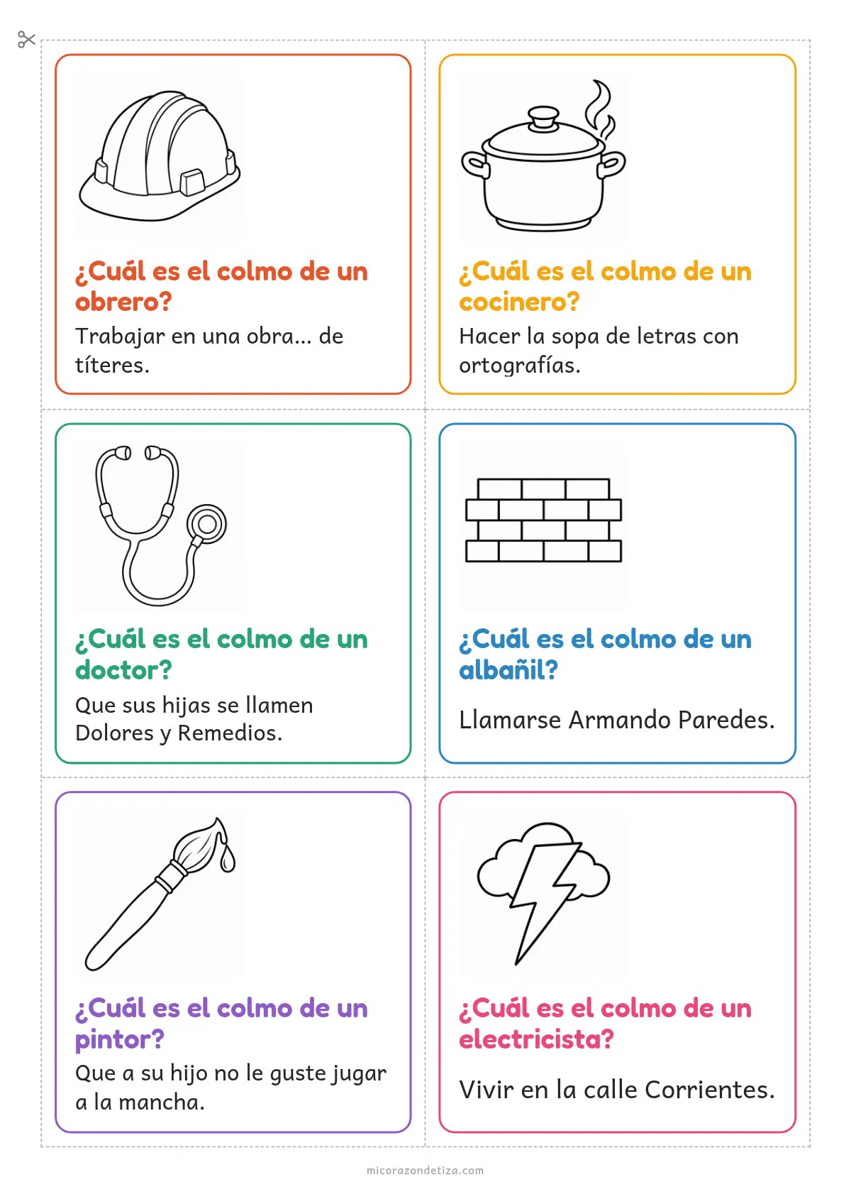 Vista previa de la hoja 2: seis tarjetas de colmos de oficios para recortar y colorear