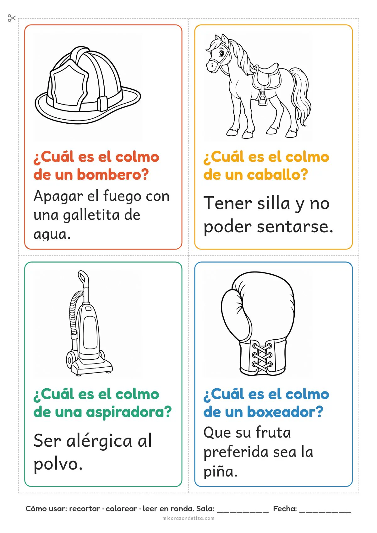 Vista previa de la hoja 3: cuatro tarjetas grandes de colmos y pie Cómo usar con espacio para sala y fecha