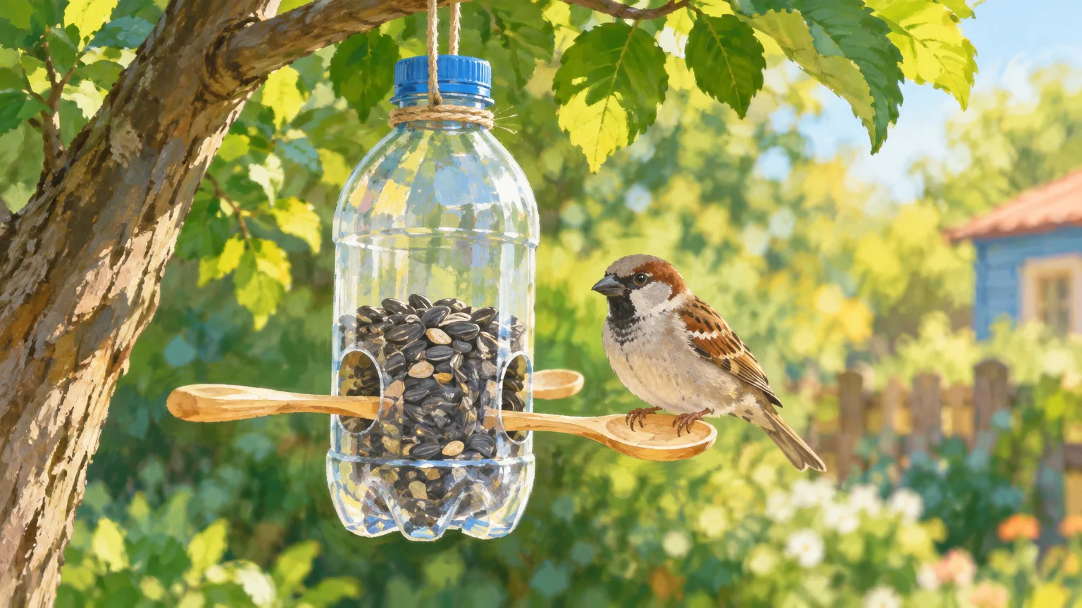 Comedero casero hecho con una botella y cucharas de madera, colgado de una rama con semillas de girasol y un gorrión posado