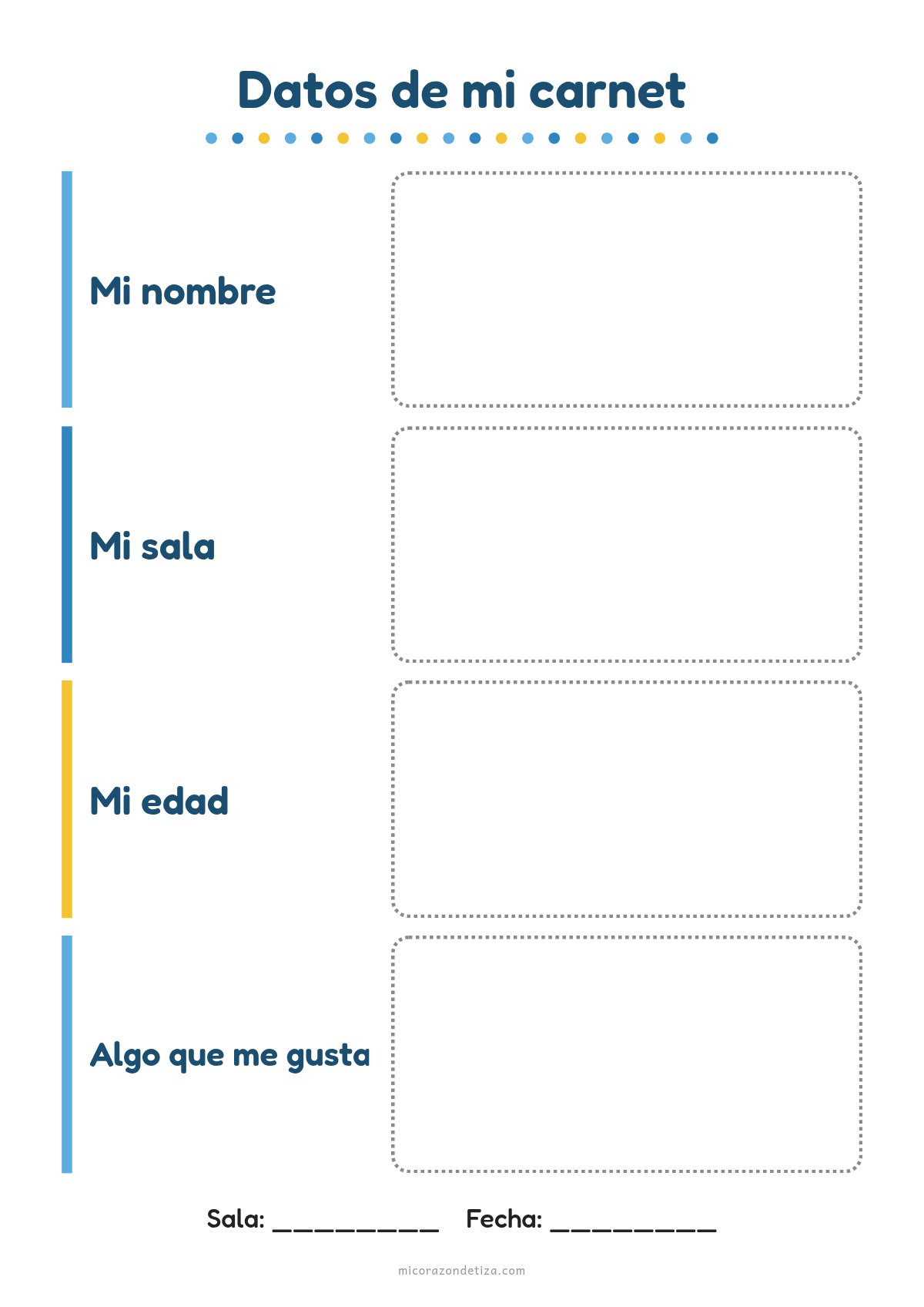 Planilla Datos de mi carnet para nivel inicial con filas Mi nombre, Mi sala, Mi edad y Algo que me gusta para dibujar o pegar
