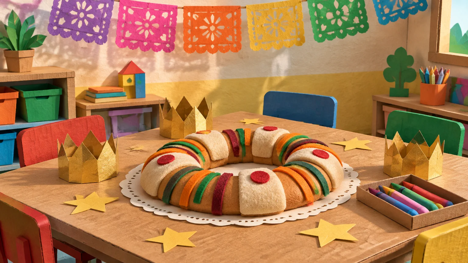 Mesa de salón de preescolar con una rosca de Reyes de juguete, coronas de papel dorado, estrellas de cartulina y crayones, con papel picado de colores al fondo