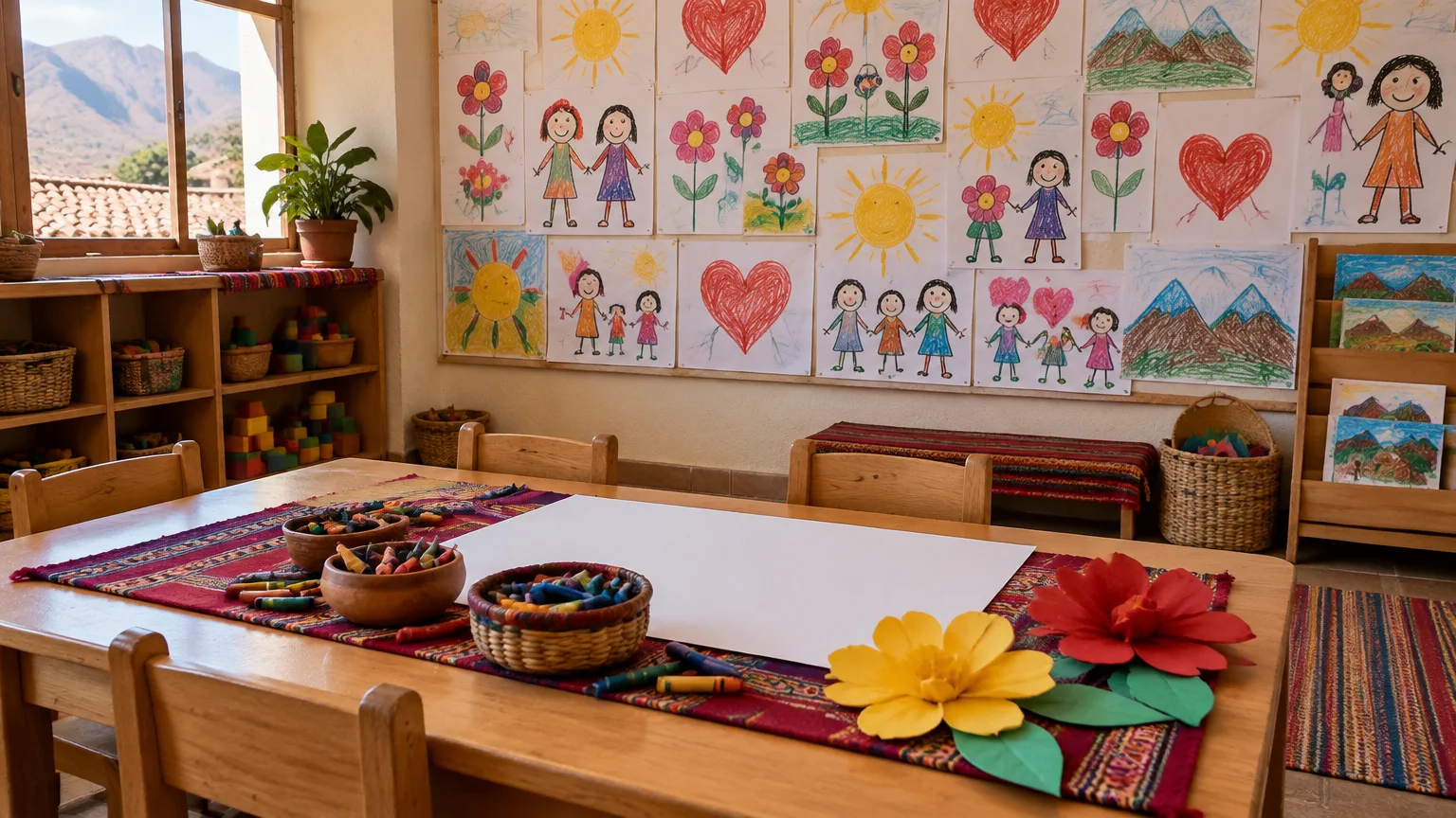 Aula de Educación Inicial con un mural de dibujos infantiles de agradecimiento, crayones, una cartulina en blanco y flores de papel amarillas y rojas sobre la mesa