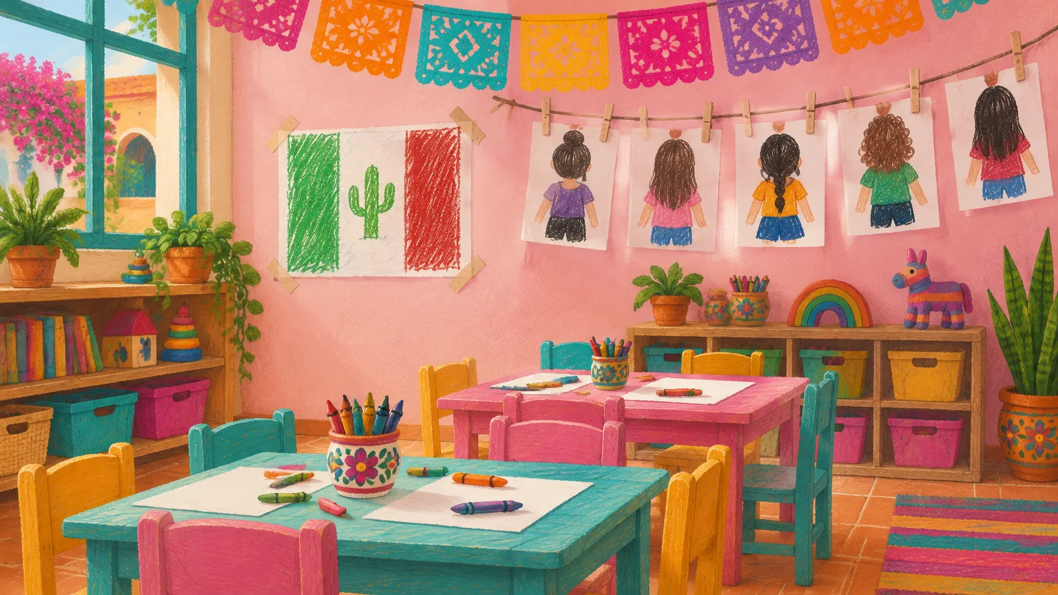 Salón de preescolar mexicano con papel picado, mesitas con crayones y un tendedero de dibujos de maestras y maestros de espaldas, junto a una bandera dibujada por un niño