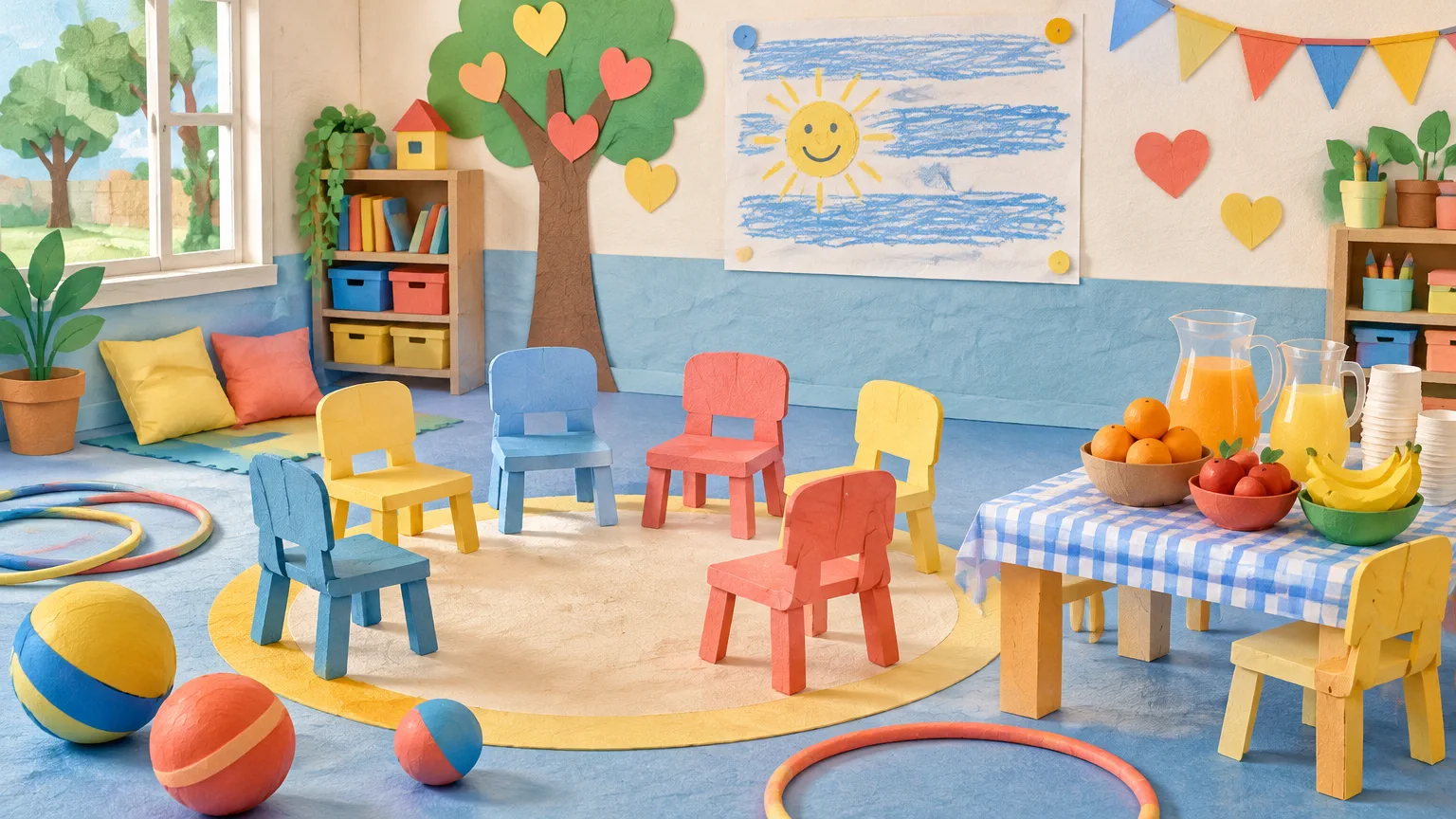 Collage de papel de una sala de Educación Inicial uruguaya con aros, pelotas, sillitas en ronda, merienda con jugo y frutas, y un dibujo infantil de franjas celestes con un sol