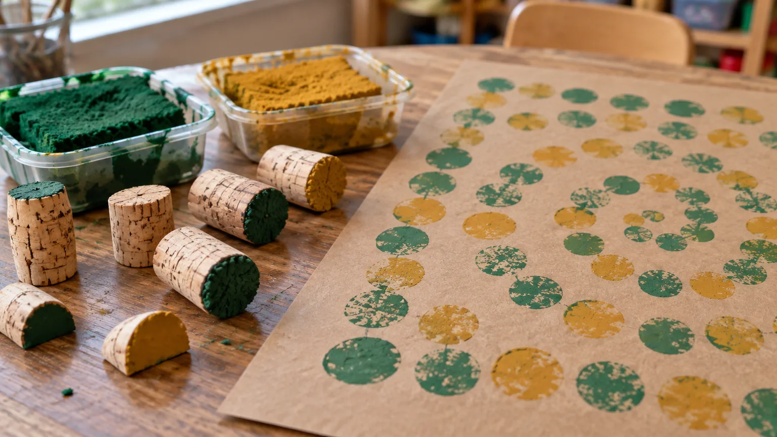 Corchos cortados, almohadillas de témpera verde y ocre y papel kraft con estampas circulares para el estampado con corcho en Nivel Inicial