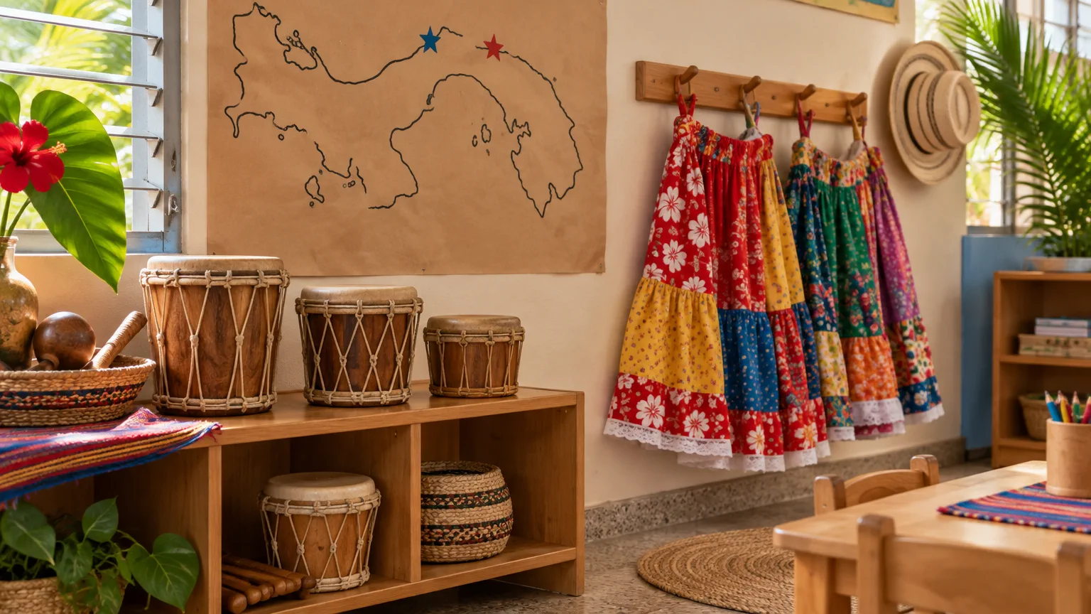 Aula de preescolar panameña con tambores de madera y cuero, faldas de retazos al estilo congo y mapa de Panamá en papel kraft